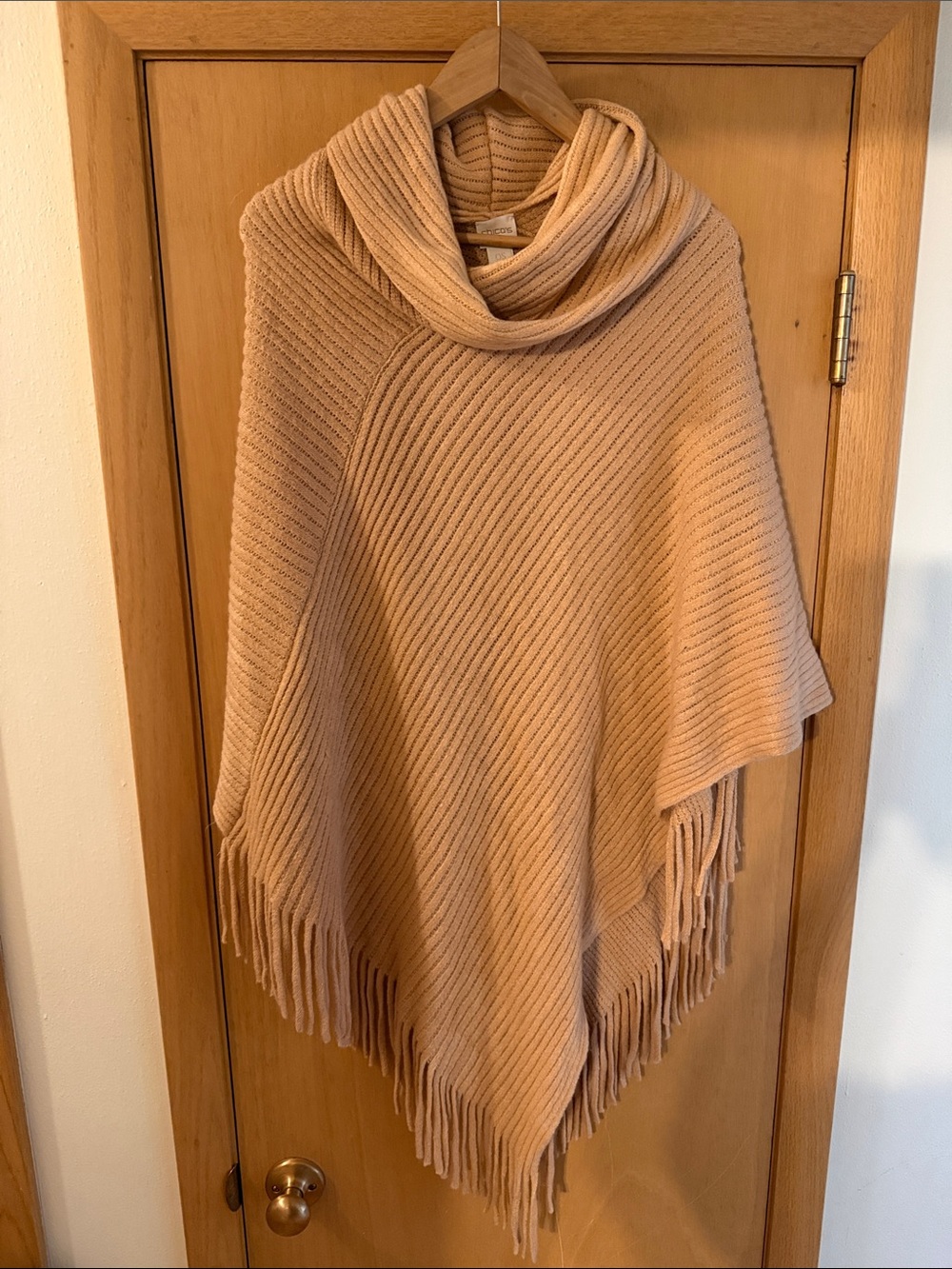 Chico’s Women’s Cowl Neck Fringe Poncho Sweater New Tan Beige One Size